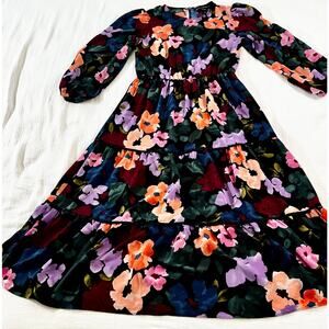 Clover and Sloane Long Sleeve Tiered Midi Black & Floral Dress Women's US 4